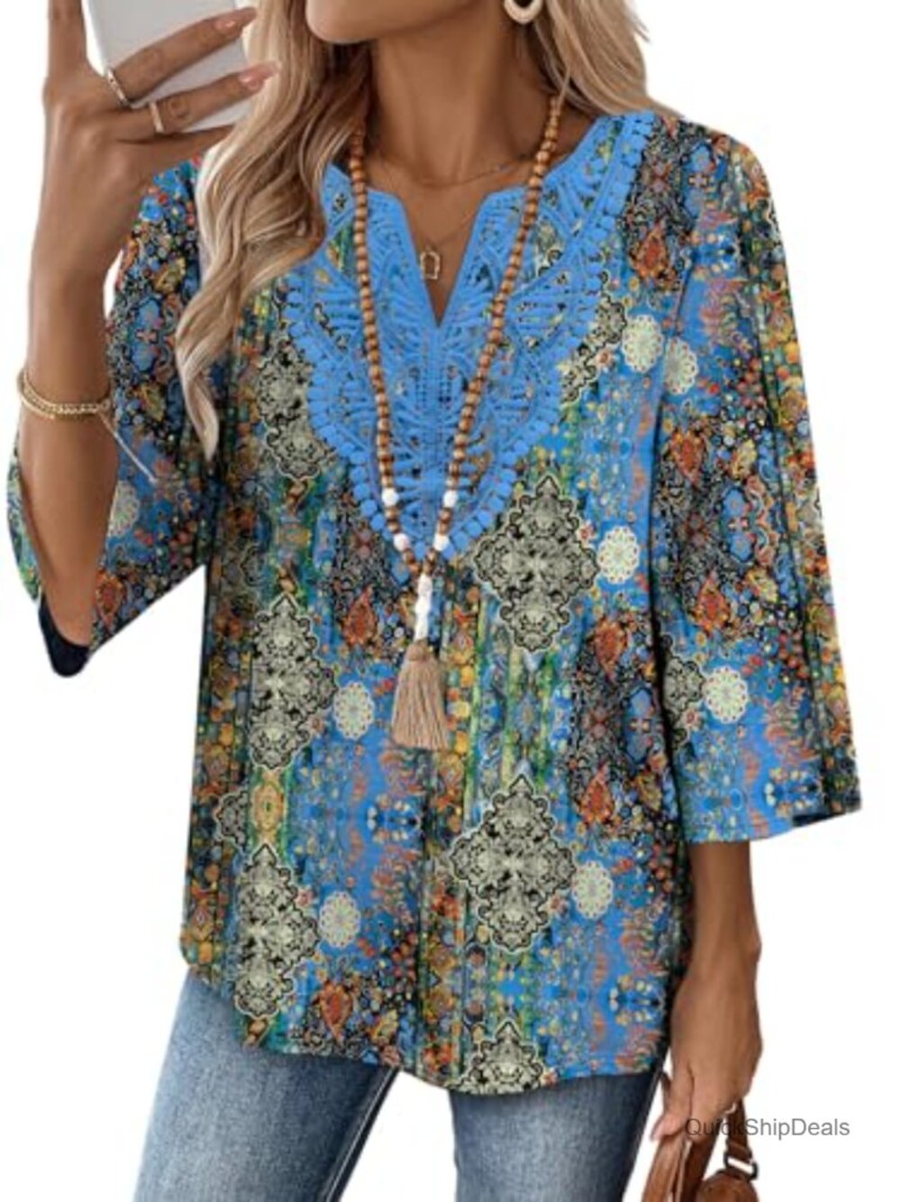 Womens Boho V Neck 3/4 Sleeve Lace Tunic Blouse Dressy Casual Top